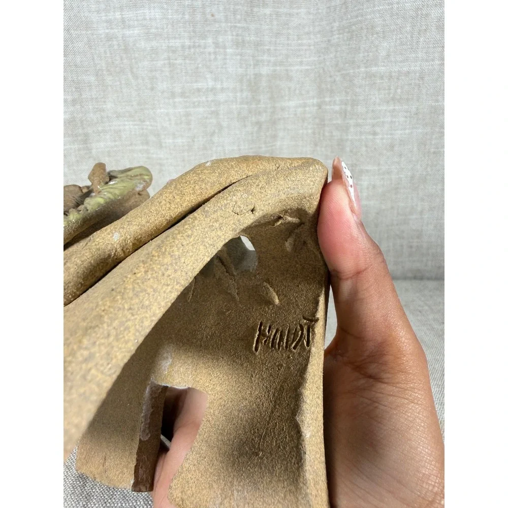 Pottery Lion Figurine Good Vintage Studio Ceramic Slotted Back Tan Green